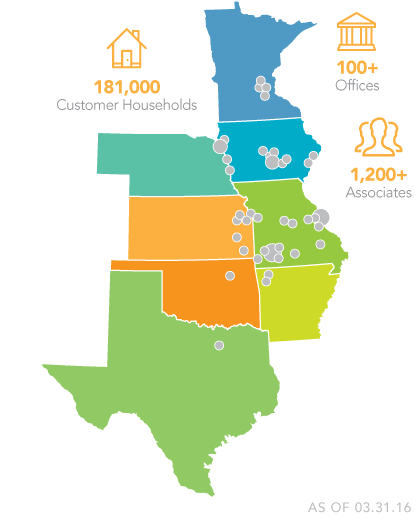 Great Southern Bank Footprint Map with locations marked. 181000 Customer Households, 100+ offices, 1200 associates!