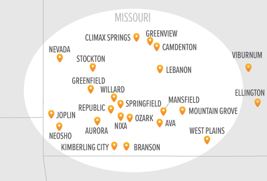 Map of southwest Missouri showing Great Southern Bank locations.