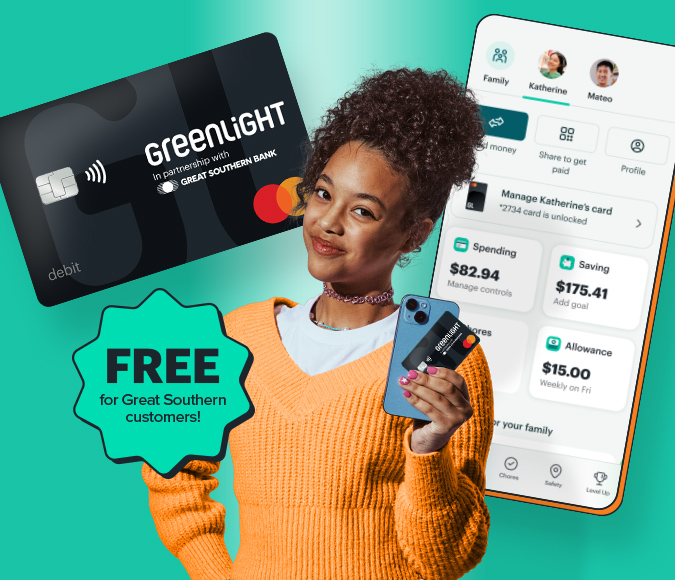 Greenlight Great Southern Bank debit card with text "free for Great Southern customers."