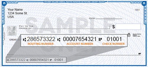 Image of a paper check. Great Southern's routing number is 286573322.