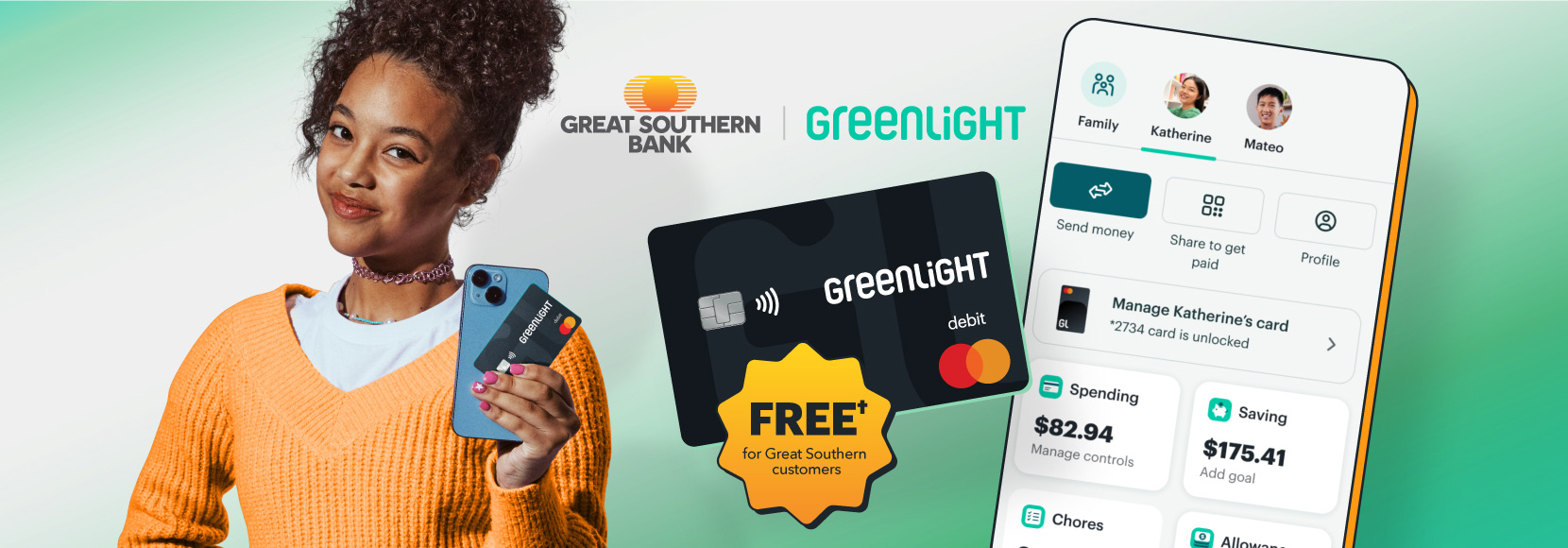Text: Great Southern Bank and Greenlight. Free for Great Southern customers.