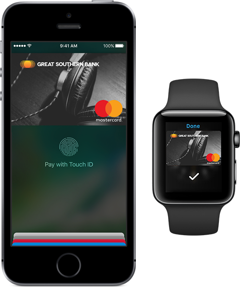 Screenshots from Apple Watch and iPhone 7S showing Great Southern Debit Cards used with Apple Wallet