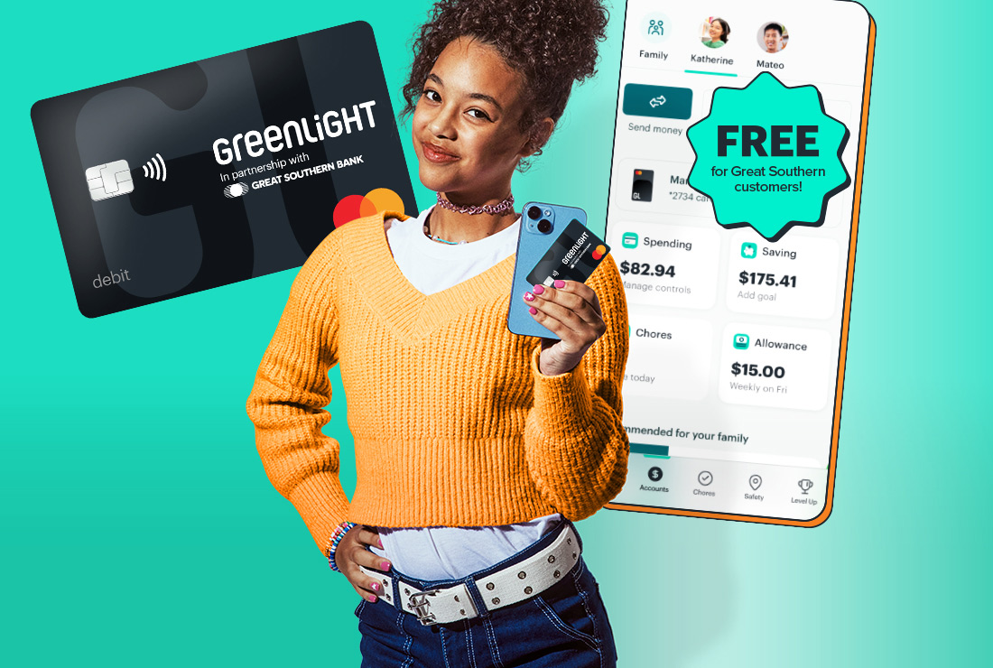 Text: Great Southern Bank and Greenlight. Free for Great Southern customers.